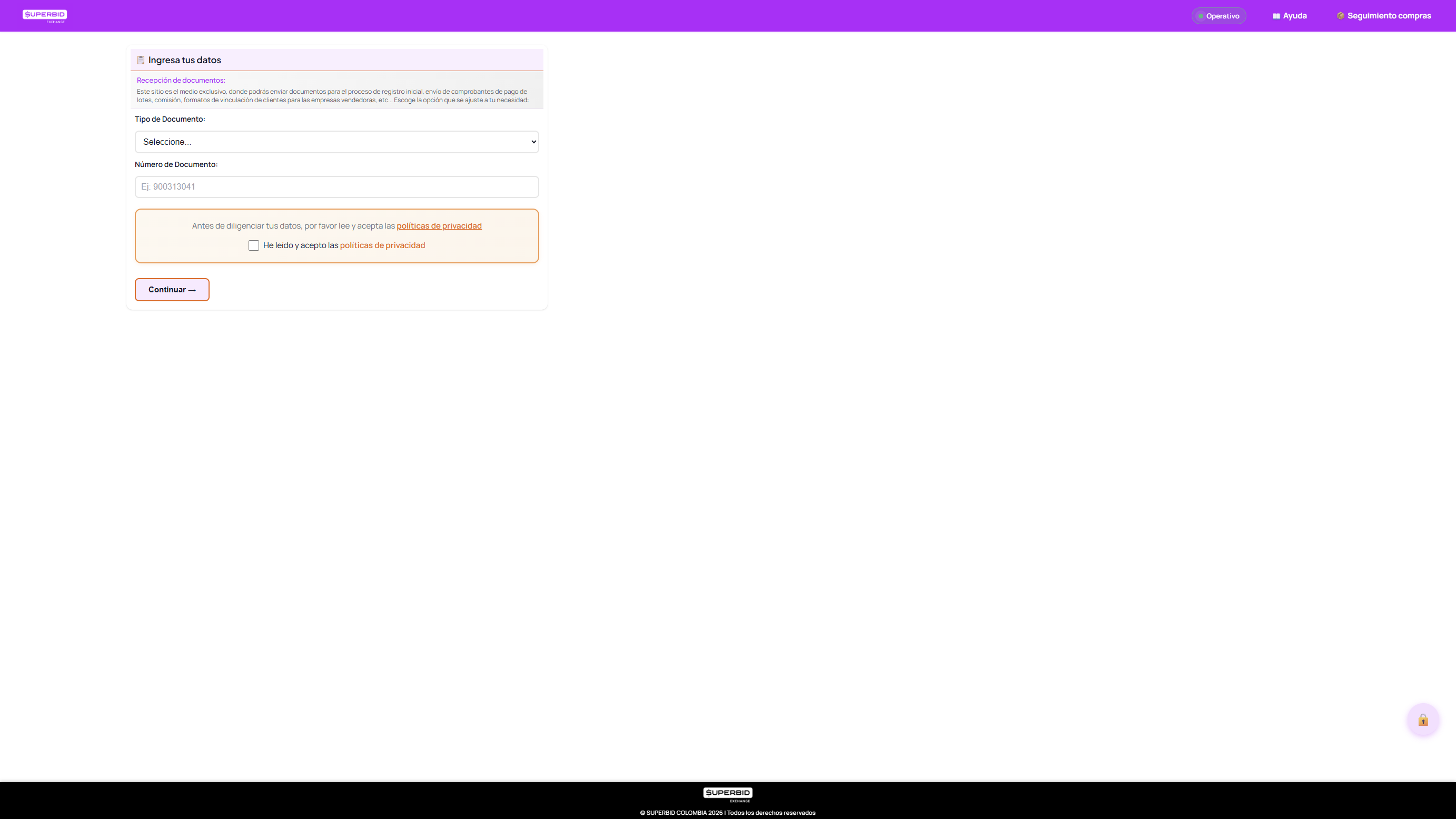 Pantalla de inicio del portal con el formulario de tipo y numero de documento