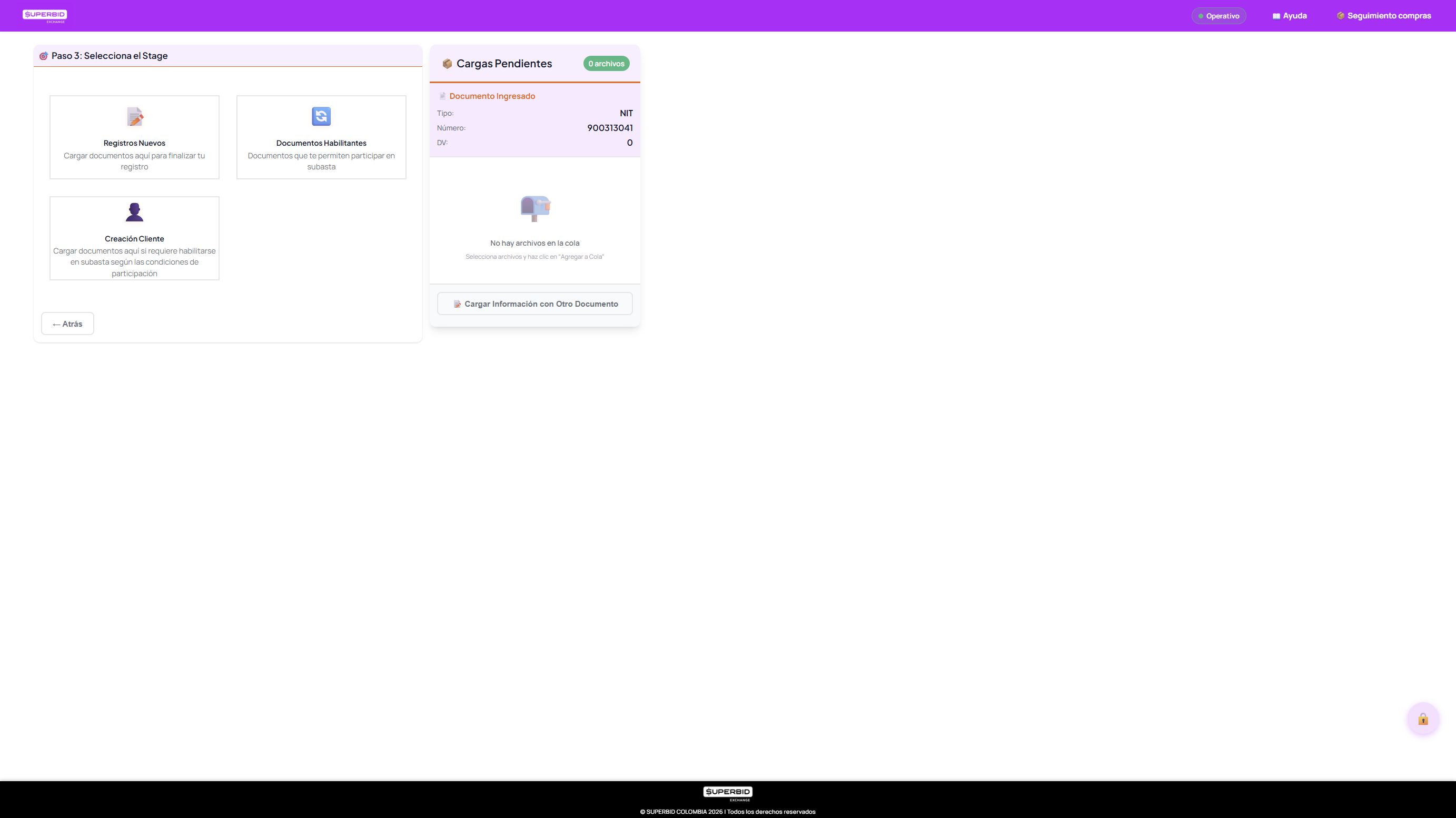 Submenu de documentos con 3 stages: Registros Nuevos, Documentos Habilitantes y Creacion Cliente