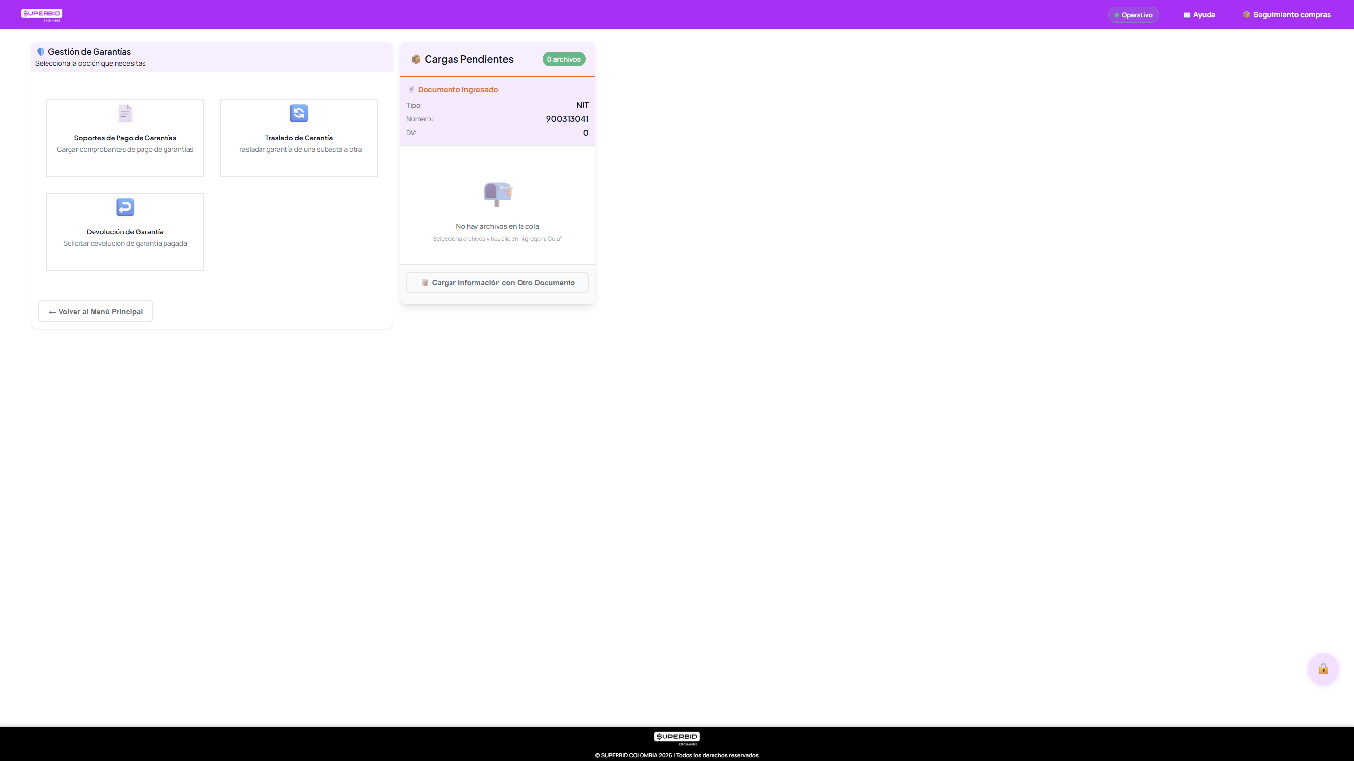 Submenu de garantias con 3 opciones
