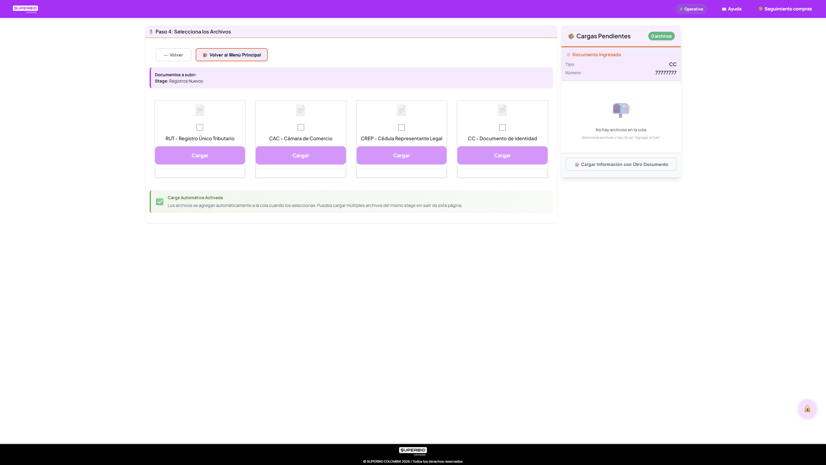 Pantalla de seleccion de archivos con inputs de RUT, CAC, CREP, CC