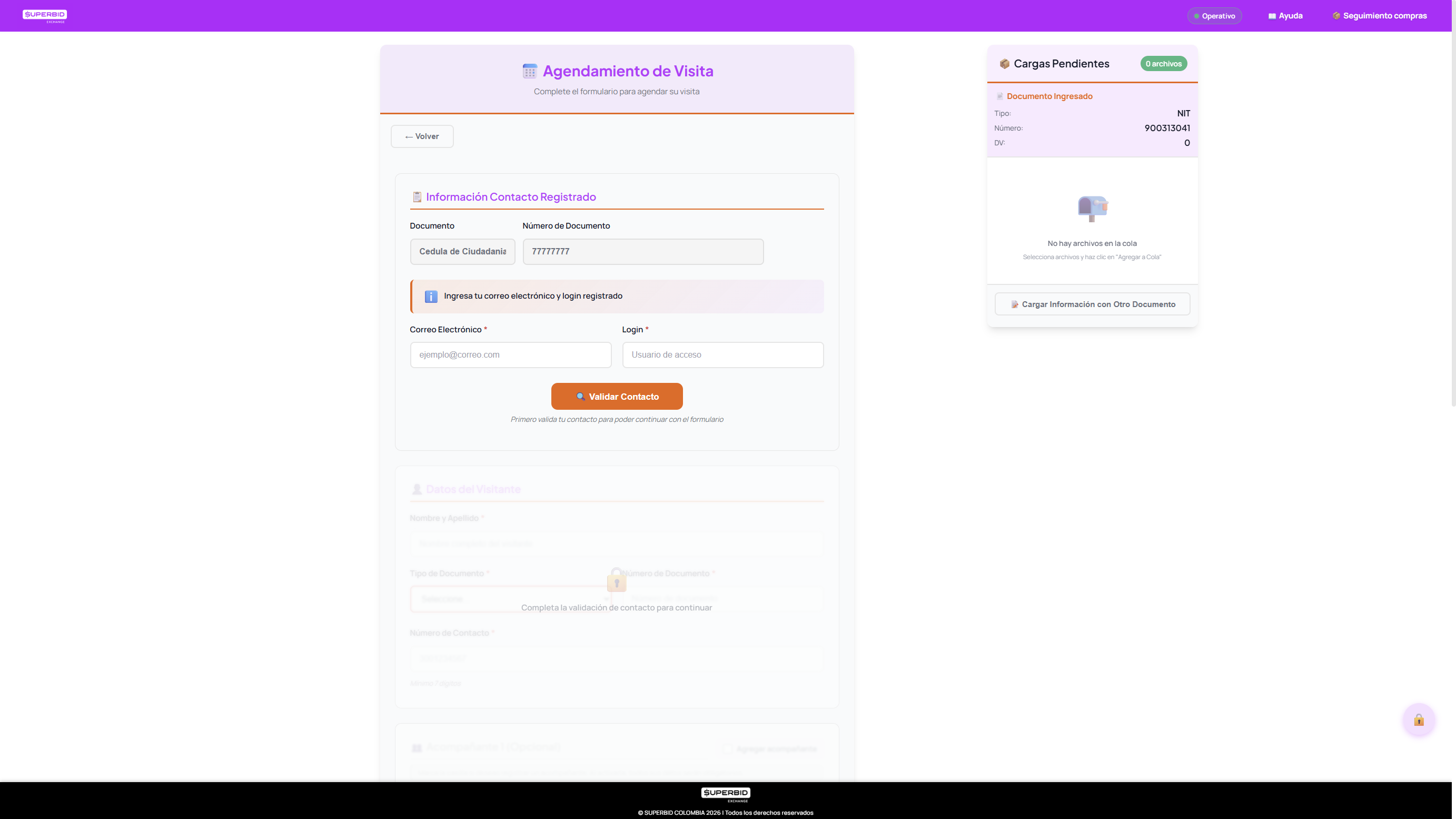 Pantalla inicial del formulario de agendamiento