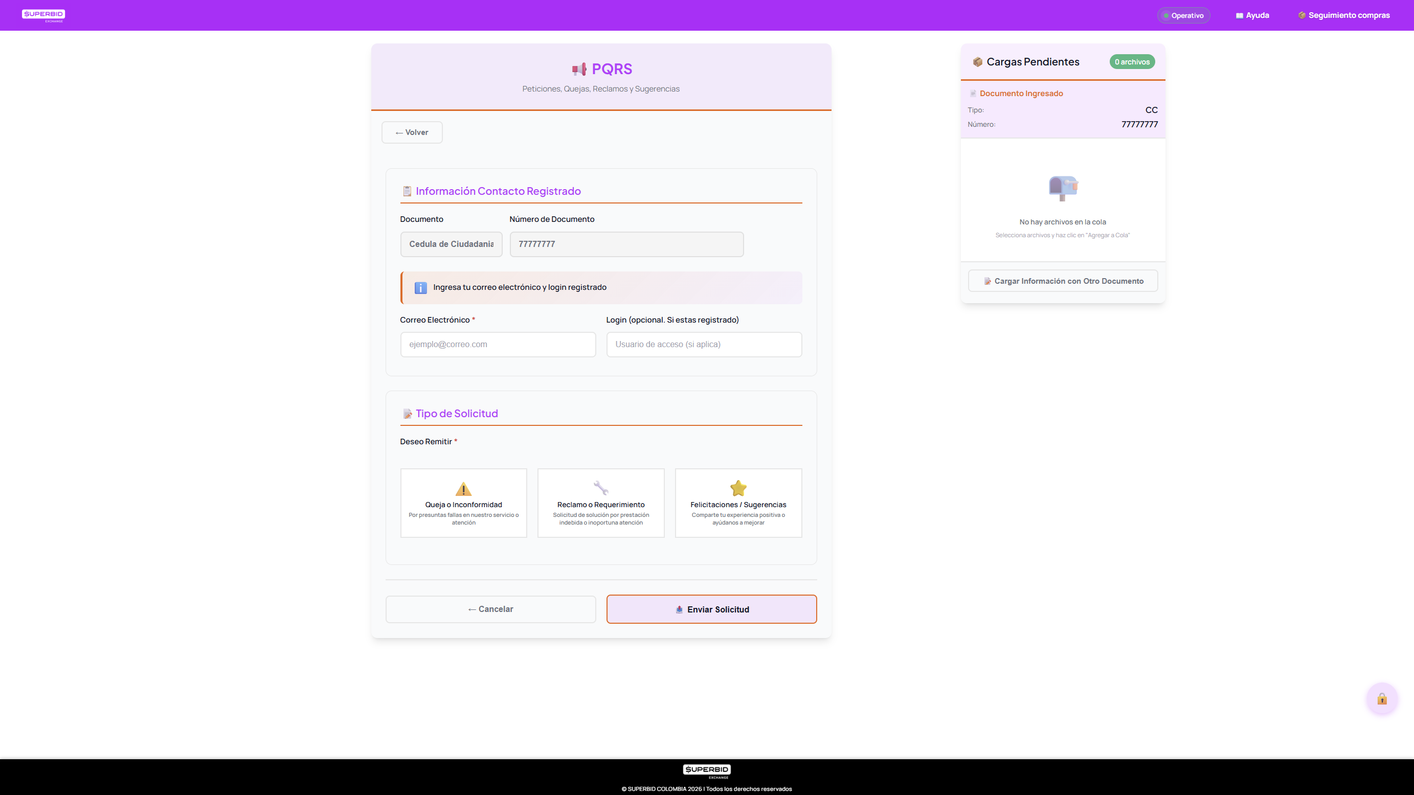 Pantalla de seleccion de tipo de PQRS