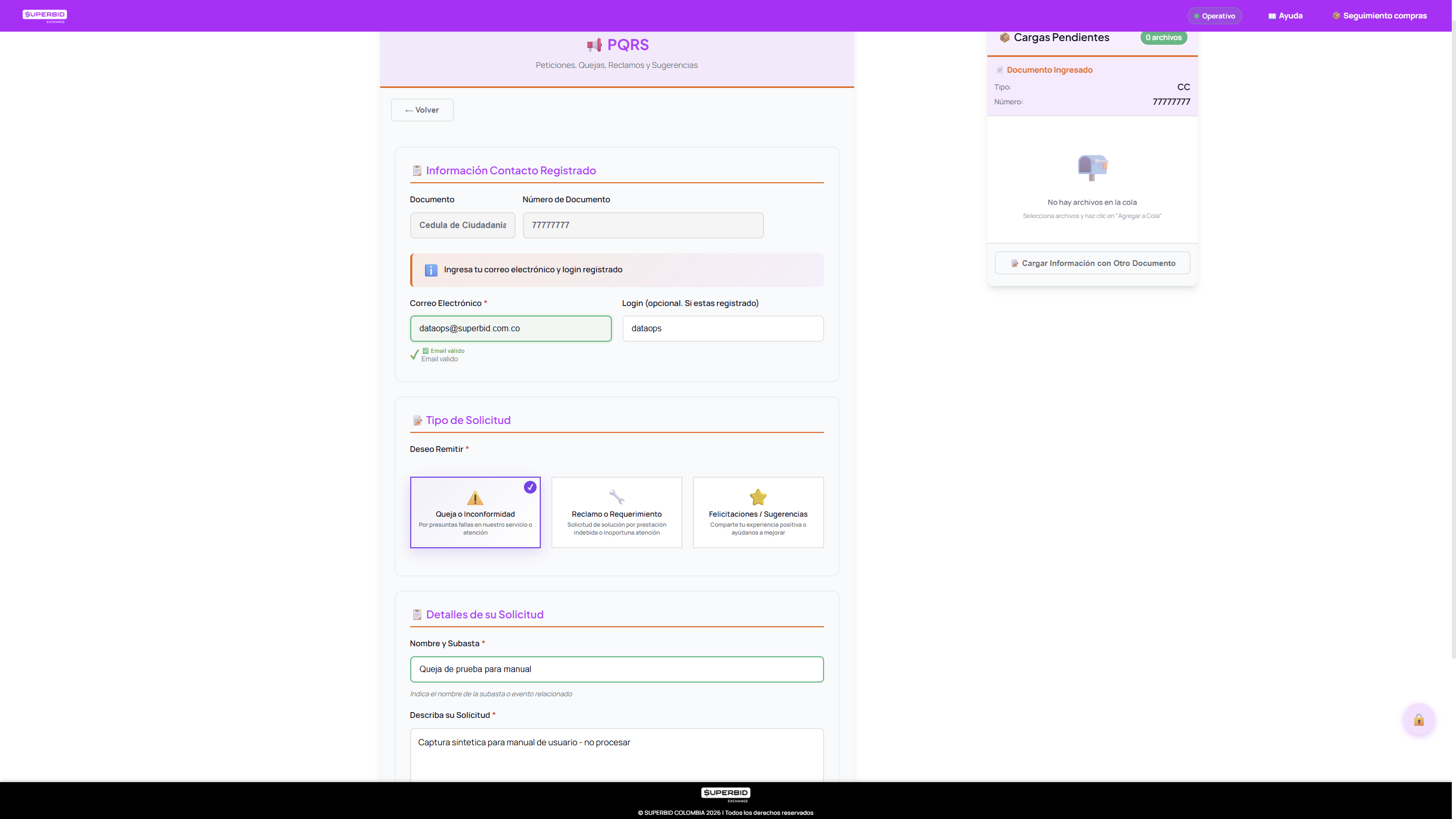 Formulario de queja diligenciado